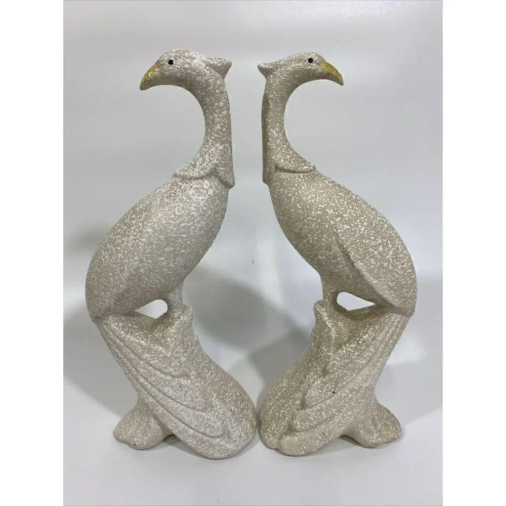 Vintage MCM Midcentury Textured Ceramic Bird Figurine‎ Set White Pheasant  11”
